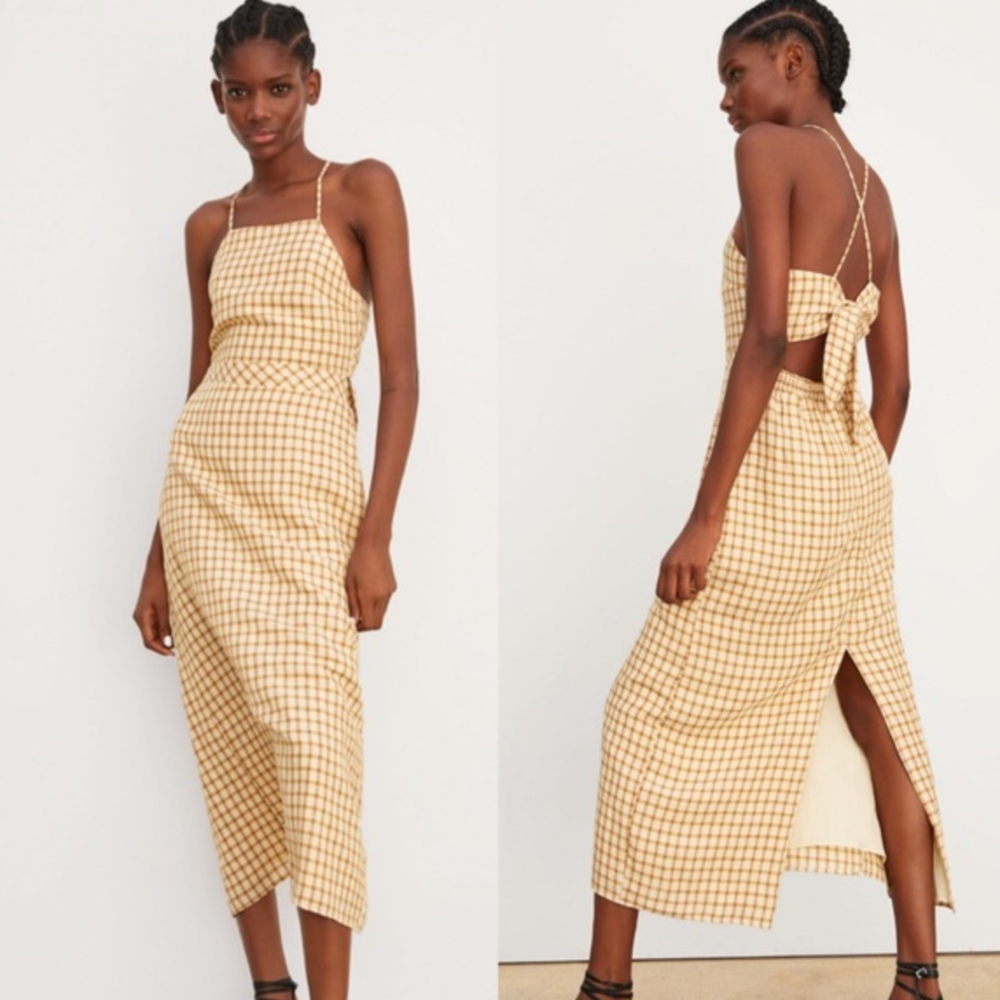 Zara Plaid Checkered Backless Bow Tied Dress